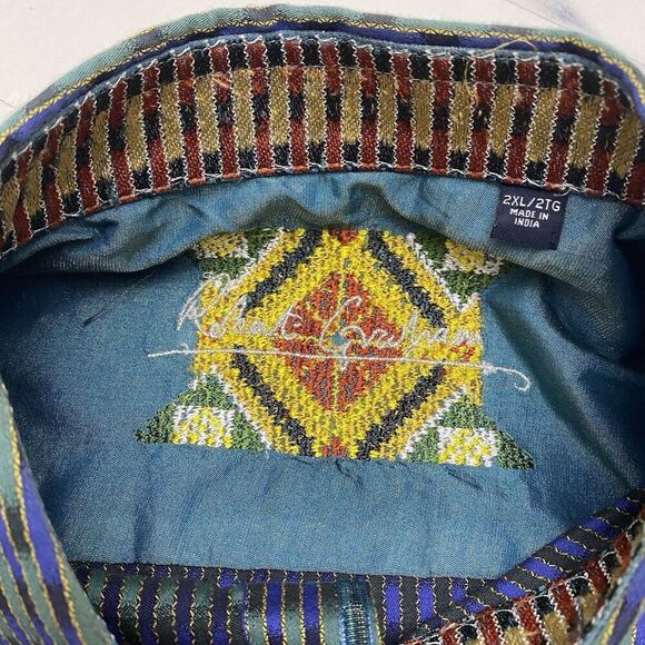 Robert Graham Men's 2XL Flip Cuff Blue Green Striped Geometric Dress Shirt - Picture 5 of 13